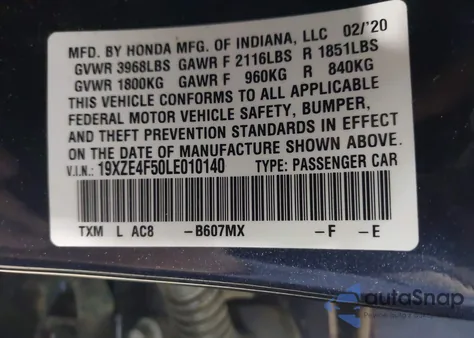 2020 Honda Insight Ex from USA, damaged, VIN 19XZE4F50LE010140